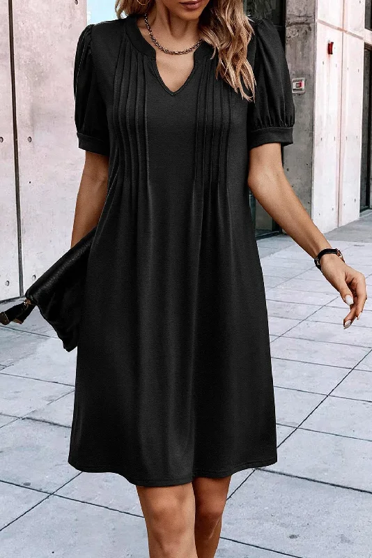 Blue Zone Planet |  Black Notched Neck Pleated Puff Sleeve Shift T-shirt Dress Zippered Buttoned Snapped