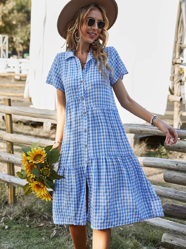 Blue Zone Planet |  Button Up Plaid Short Sleeve Midi Dress Cozy A-Line Midi Dress