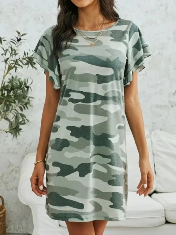 Blue Zone Planet |  Camouflage Round Neck Short Sleeve Mini Dress Comfortable Linen Mini Dress