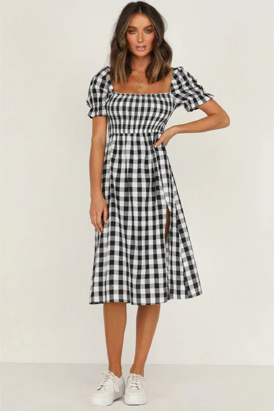 Blue Zone Planet |  Full Size Slit Plaid Short Sleeve Midi Dress Fashionable Polka Dot Midi Dress