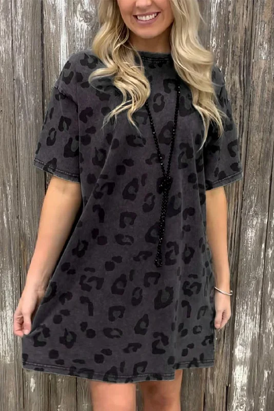 Blue Zone Planet |  Gray Vintage Washed Leopard T-Shirt Dress with Pockets Fashionable Trendy Casual