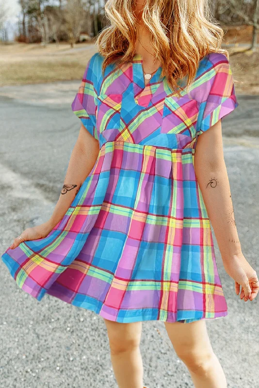 Blue Zone Planet |  Light Blue Multicolor Plaid Short Sleeve Babydoll Mini Dress Trendy Mini Dress with Belt