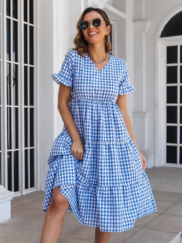 Blue Zone Planet |  Plaid V-Neck Short Sleeve Midi Dress Trendy Smocked Waist Midi Dress