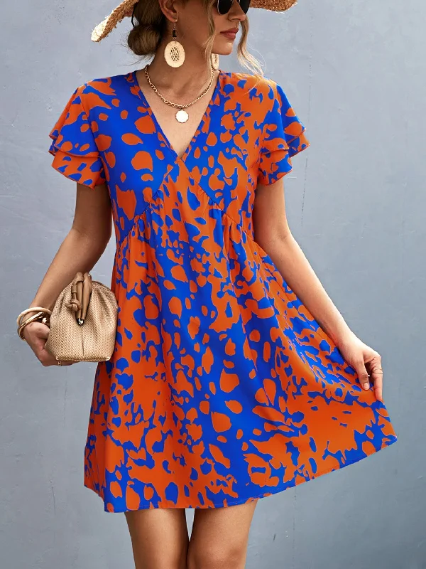 Blue Zone Planet |  Ruffled Printed V-Neck Short Sleeve Mini Dress Comfortable Off-Shoulder Mini Dress