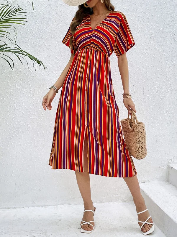 Blue Zone Planet |  Slit Striped V-Neck Short Sleeve Midi Dress Elegant Maxi-Midi Hybrid Dress