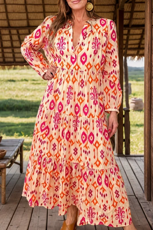 Blue Zone Planet |  Tiered Printed Notched Long Sleeve Midi Dress Fashionable Chiffon Midi Dress