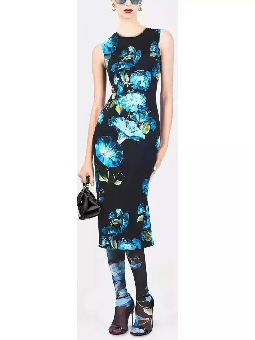 Bluebell Floral Print Silk Fitted Midi Dress Fashionable Skater Midi Dress