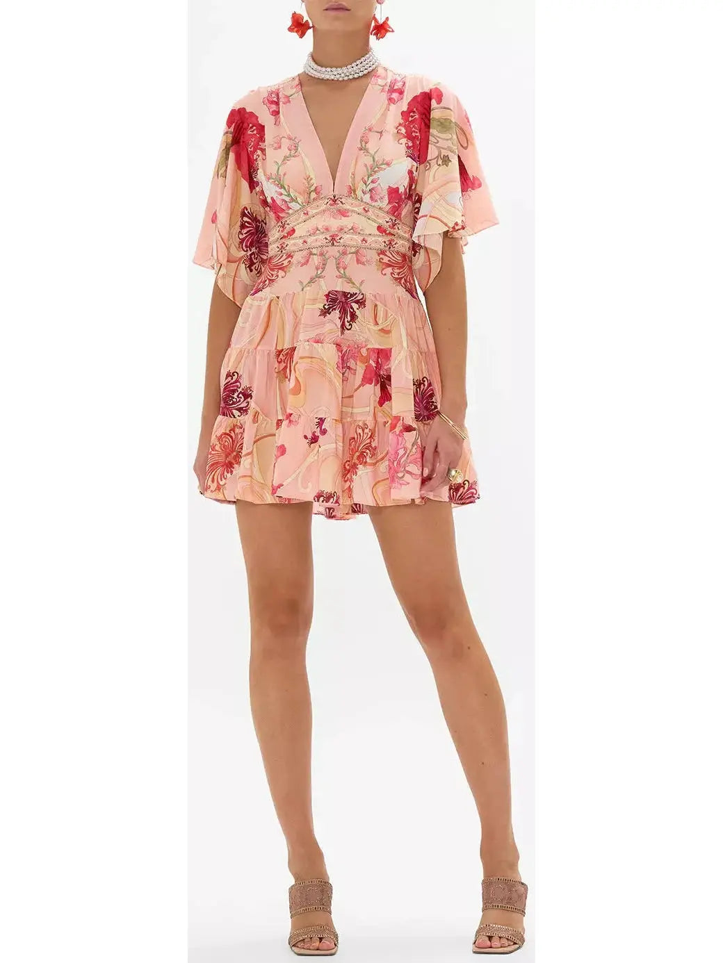 Blush Pink Floral-Printed Low-Cut Silk Mini Dress Fashionable Button-Front Mini Dress