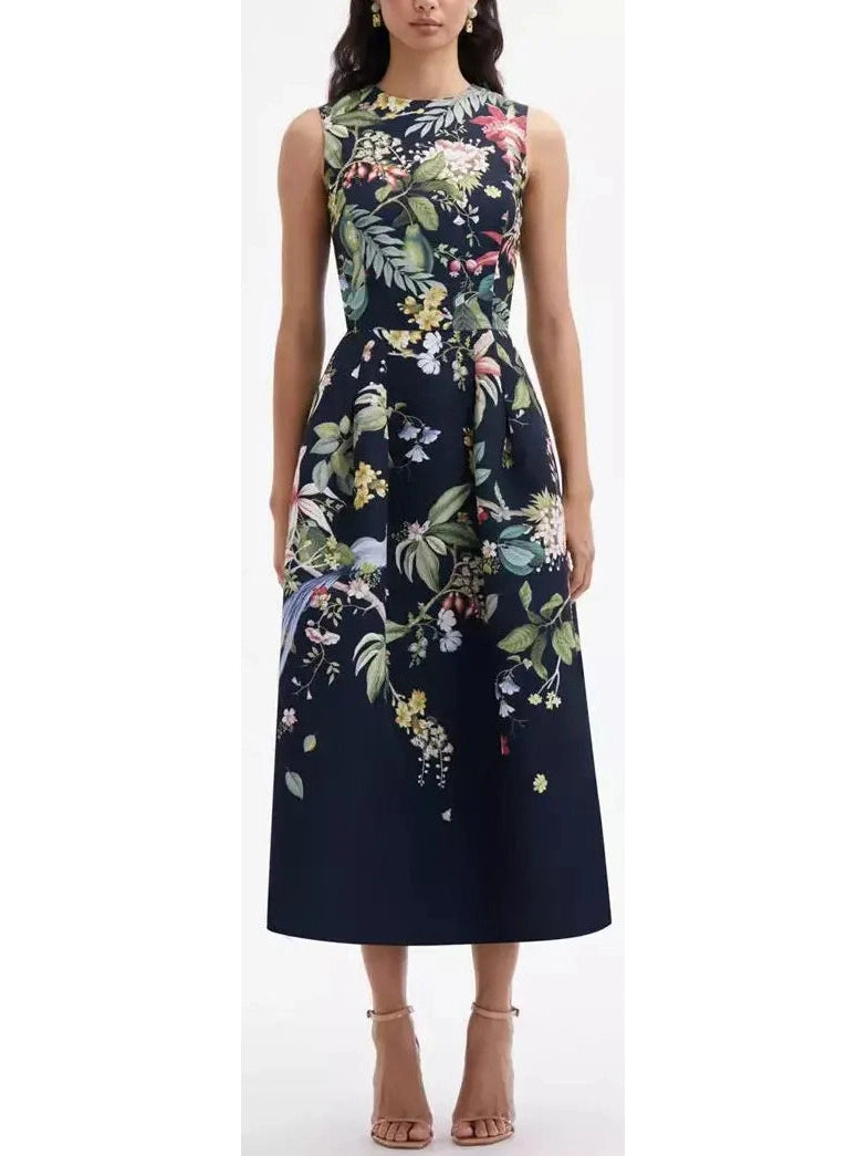 Botanical Garden Printed Sleeveless Midi Dress in Black and Multicolor Stylish High-Waisted Midi Dress