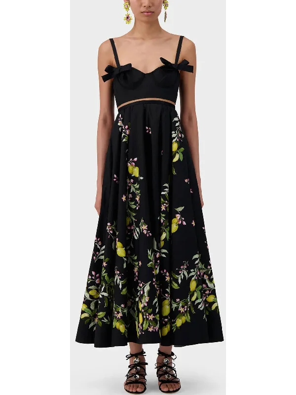 Bow-Detailed Printed Poplin Midi Dress in Black Trendy Ruffle Hem Midi Dress