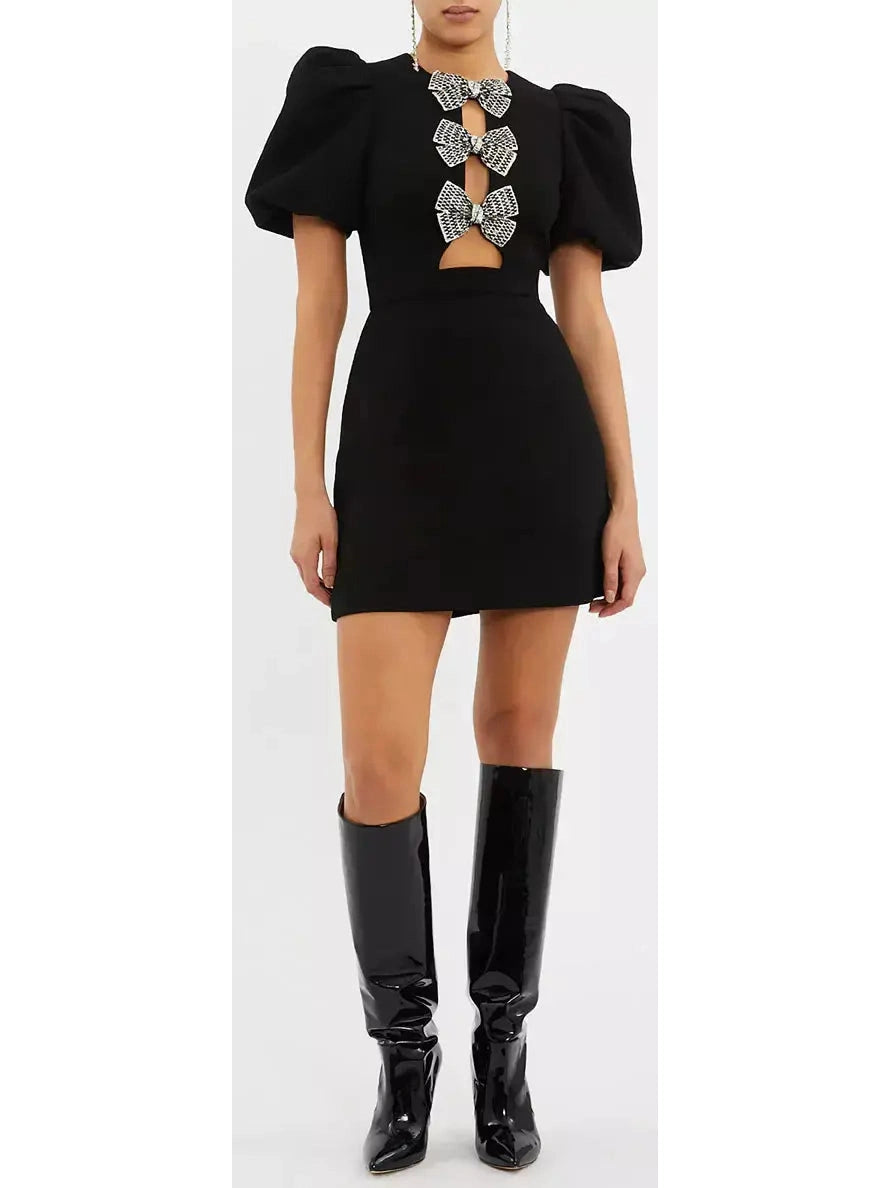 Bow-Embellished Black Mini Dress Cozy A-Line Mini Dress