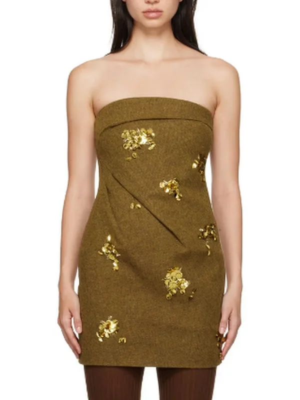 Bow Pintuck Strapless Mini Dress with Gold Sequin Appliques Trendy Mesh Mini Dress