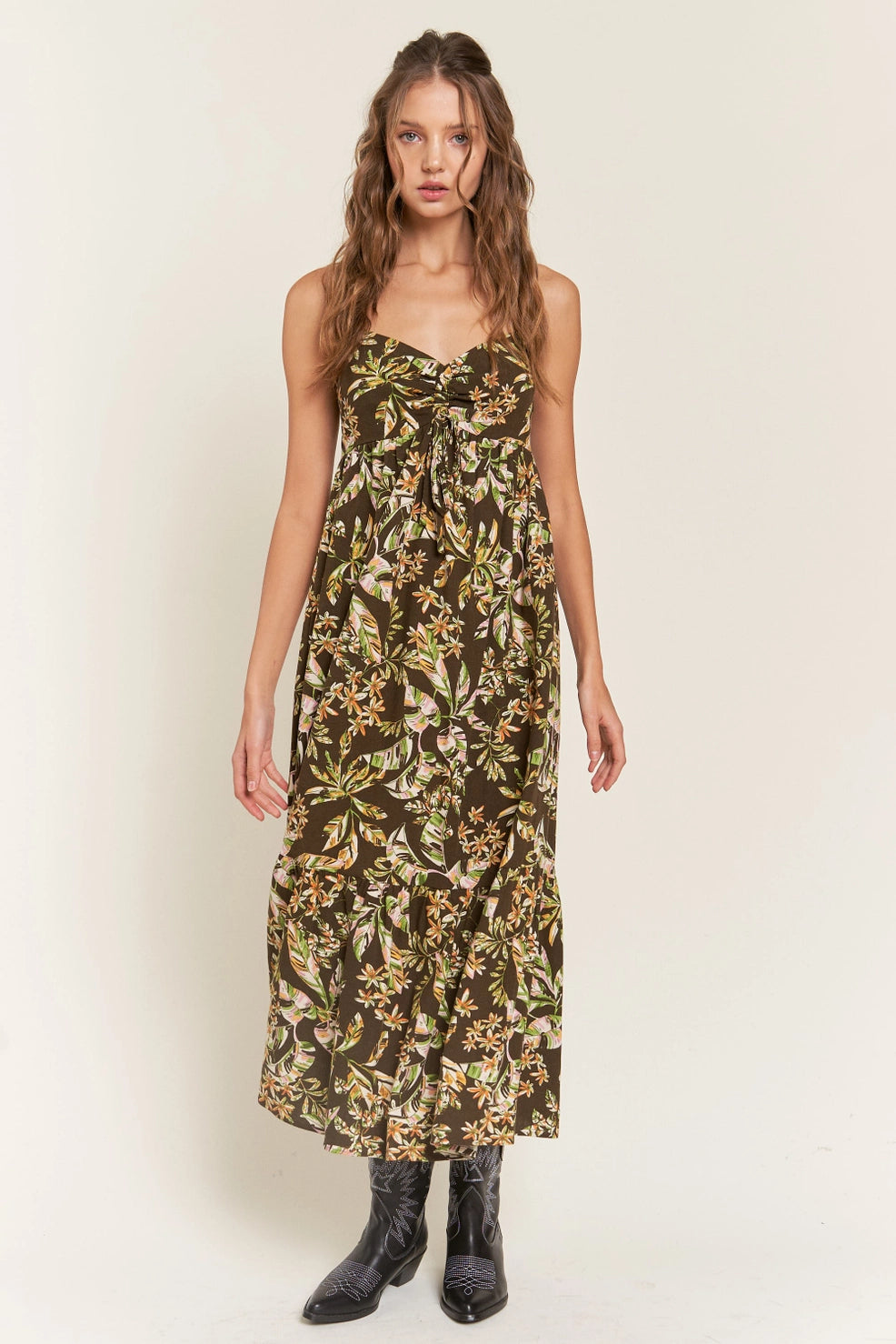 Brown Floral Midi Dress Cozy Midi Dress with Pockets