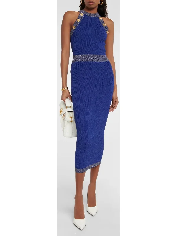 Button-Detailed Halter-Neck Knitted Midi Dress, Blue Trendy Tiered Hem Midi Dress