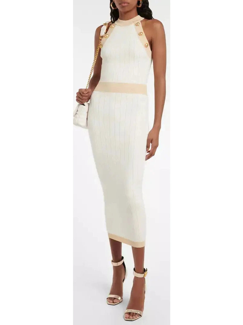 Button-Detailed Halter-Neck Knitted Midi Dress, White Comfortable Deep V Midi Dress