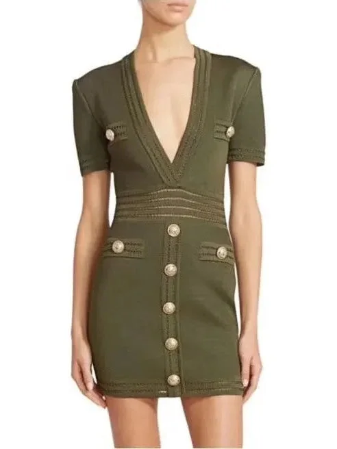 Button-Embellished V-Neck Mini Dress, Green Comfortable Smocked Mini Dress