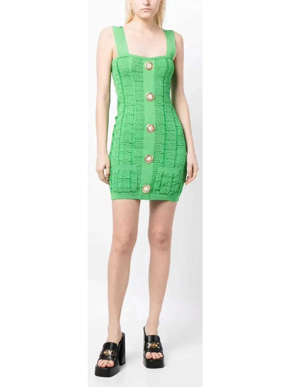 Buttoned Open-Knit Mini Dress, Green Elegant Lace Mini Dress