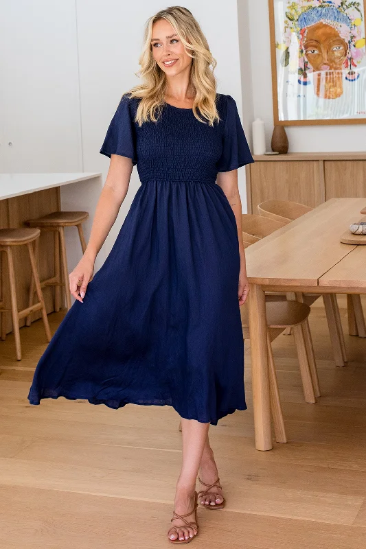 Candace Midi Dress Navy Stylish Off-Shoulder Ruffle Dress