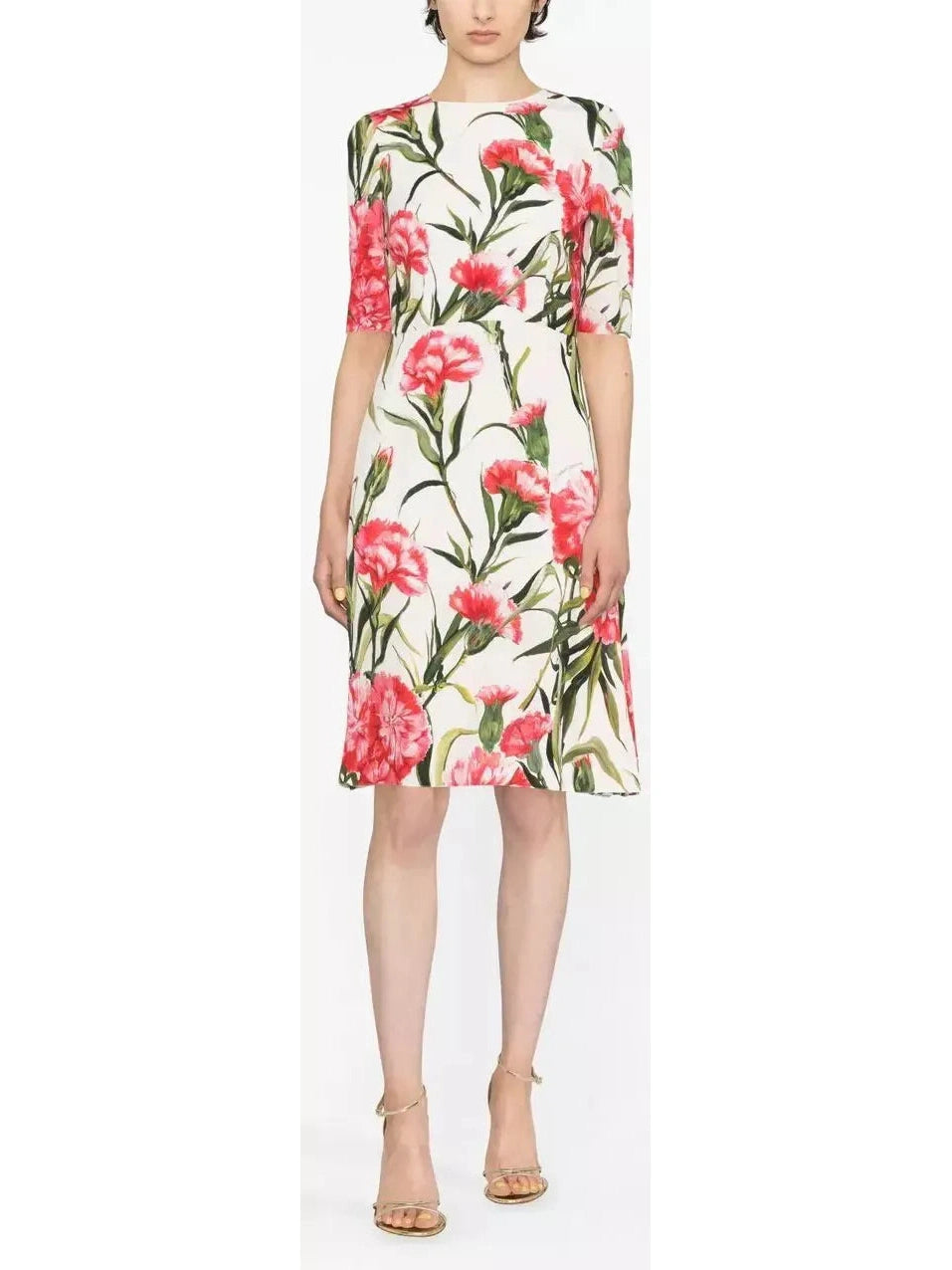 Carnation-Print Charmeuse Midi Dress Stylish Long Sleeve Floral Midi Dress