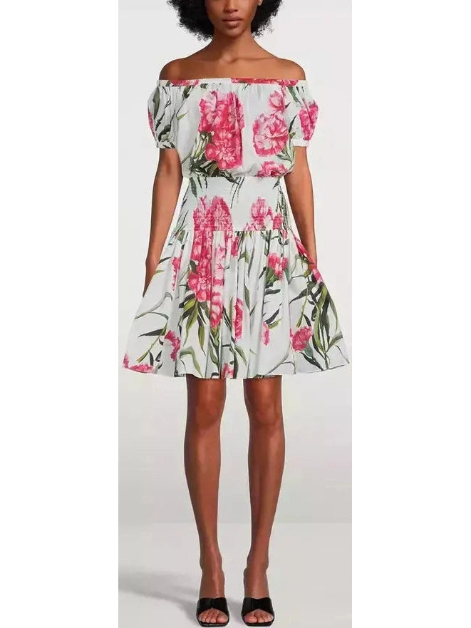 Carnation Print Off-The-Shoulder Mini Dress Stylish Short Sleeve Mini Dress