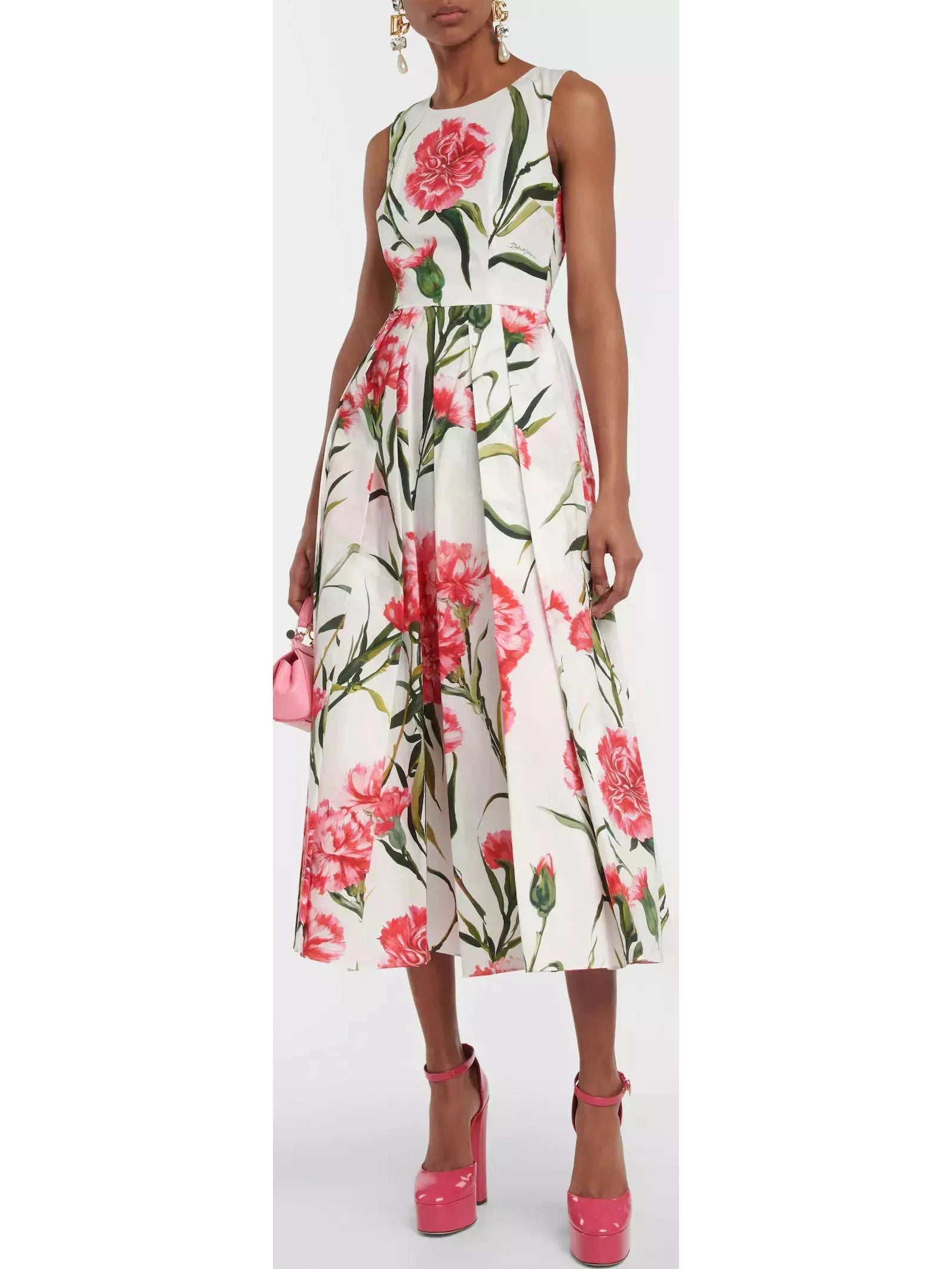 Carnation-Printed Midi Dress Stylish Cold Shoulder Midi Dress