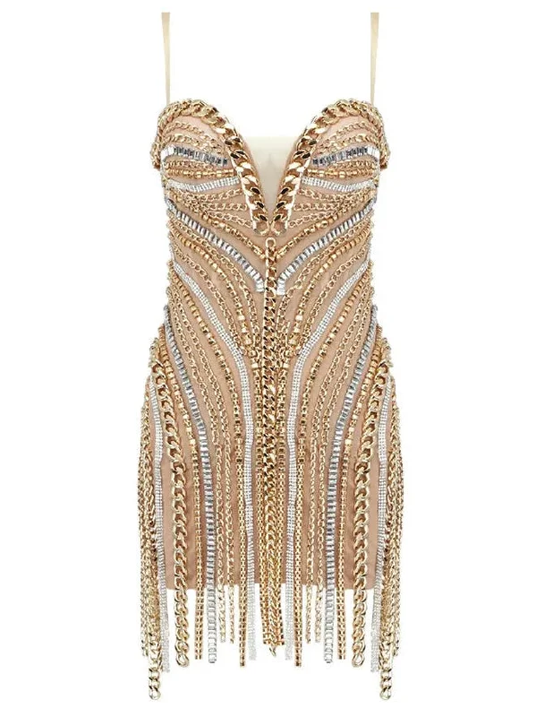 Chain and Crystal-Embellished Mesh Mini Dress Stylish Button-Down Mini Dress