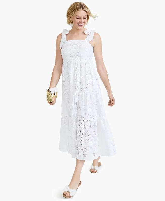 Charter Club Petite Cotton Eyelet Midi Dress Trendy Mock Neck Midi Dress