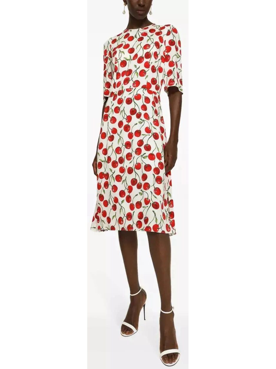 Cherry-Print Midi Dress Trendy Ruffled Sleeve Midi Dress