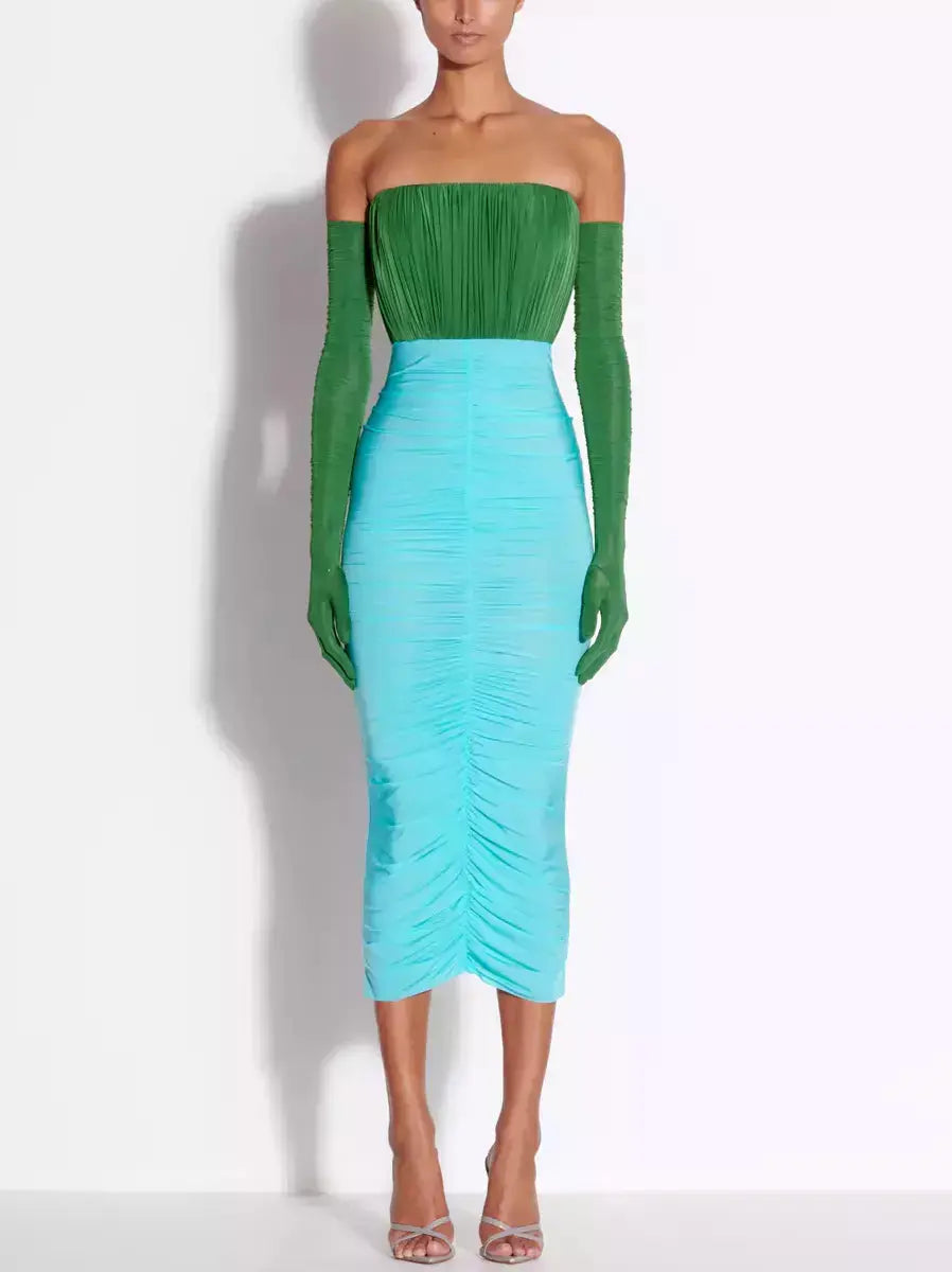 Color-Contrast Strapless Ruched Midi Dress with Long Gloves Trendy Tiered Hem Midi Dress