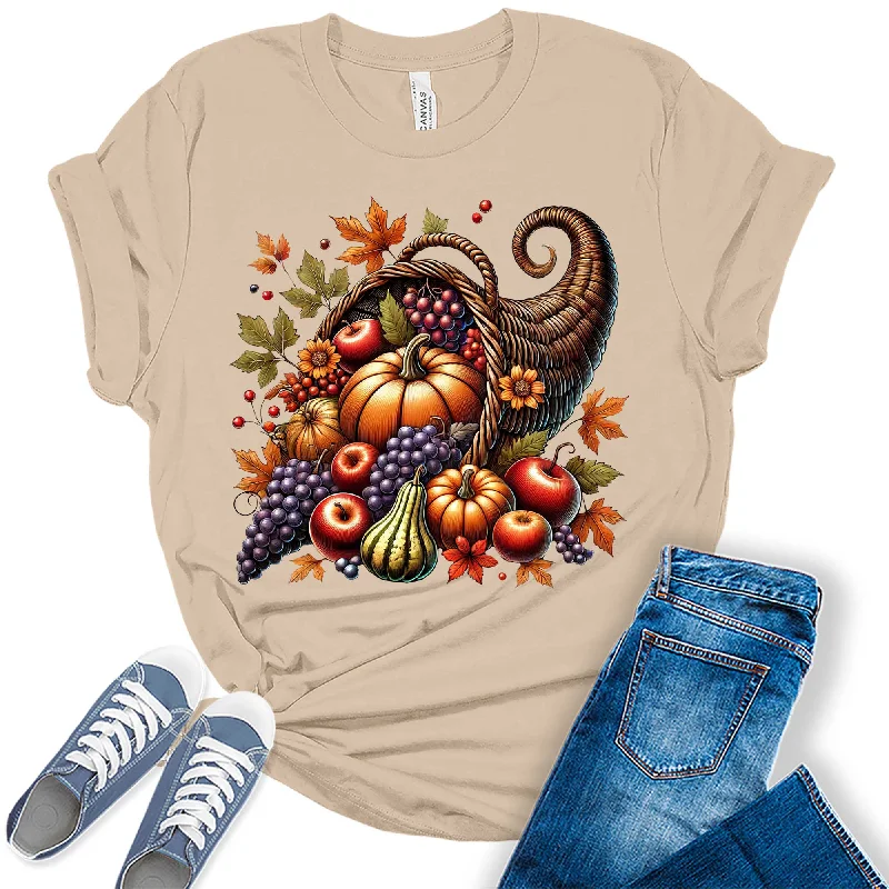 Cornucopia Fall Thanksgiving Graphic Tees For Women Hooded Caped Shawl Collar