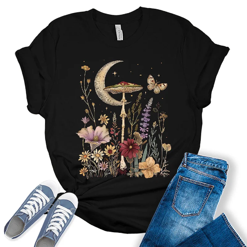 Cottagecore Aesthetic Floral Crescent Moon Flowers Graphic Tees for Women Asymmetrical Pockets Print