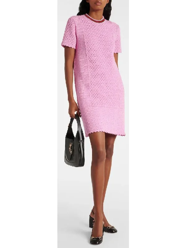 Cotton-Blend Open-Knit Pink Mini Dress Comfortable Bodycon Mini Dress