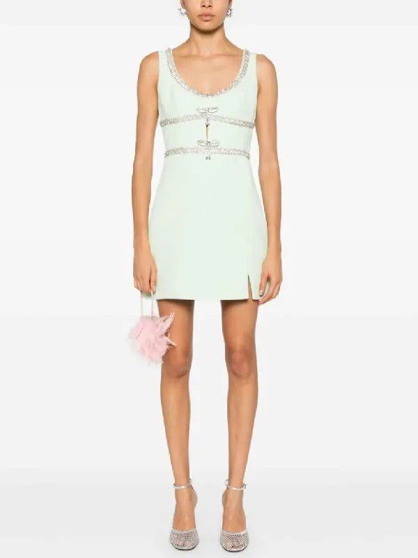 Crystal Bow Embellished Mint Green Mini Dress Comfortable Zip-Up Mini Dress