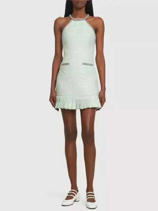 Crystal Halter-Neck Embellished Mint Green Boucle Mini Dress Classic Solid Mini Dress