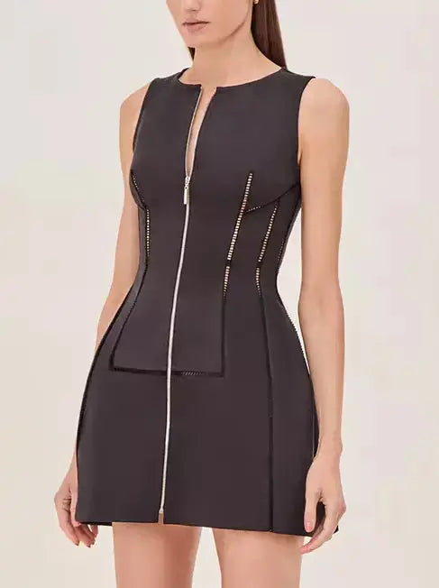 Cut-Out Structured Zip-Front Mini Dress in Black Stylish Spaghetti Strap Mini Dress