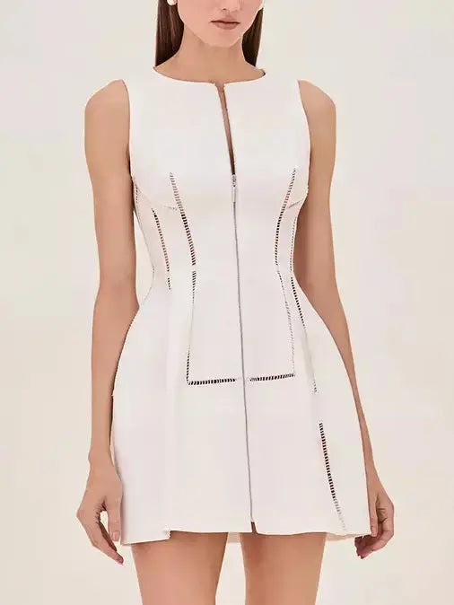 Cut-Out Structured Zip-Front Mini Dress in White Fashionable Mini Dress with Frills