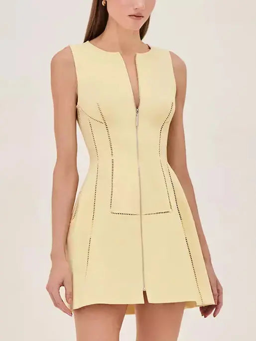 Cut-Out Structured Zip-Front Mini Dress in Yellow Trendy Button-Detail Mini Dress