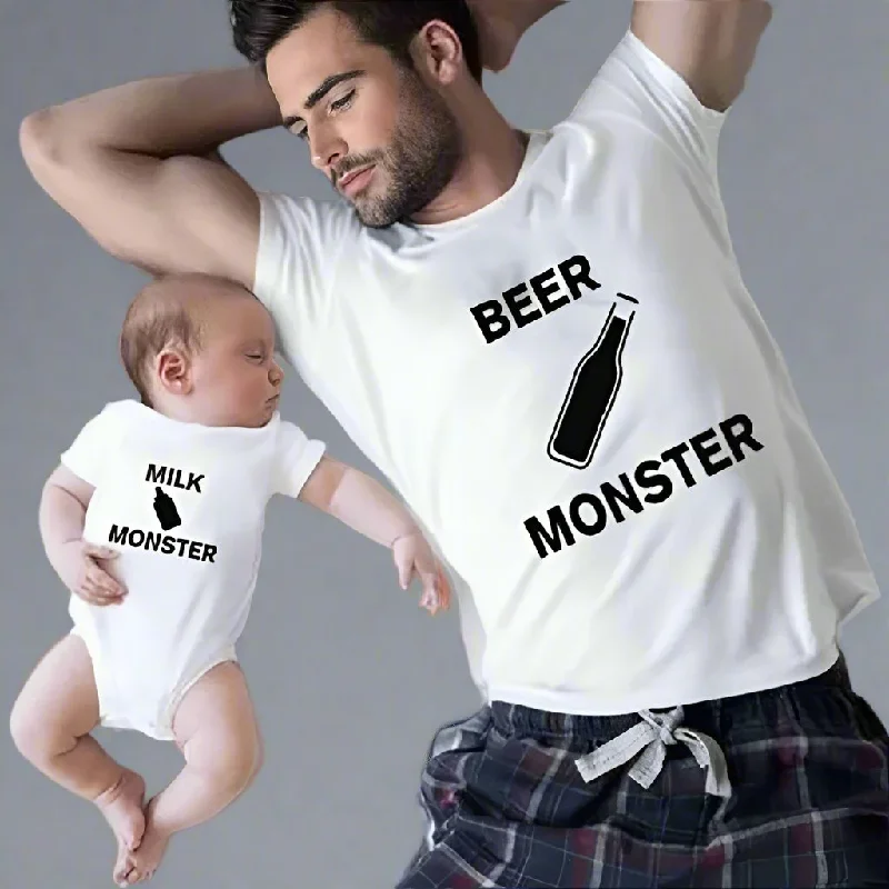 Daddy & Me "Beer Monster" & "Milk Monster" Matching T-Shirt Set Zippered Buttoned Snapped
