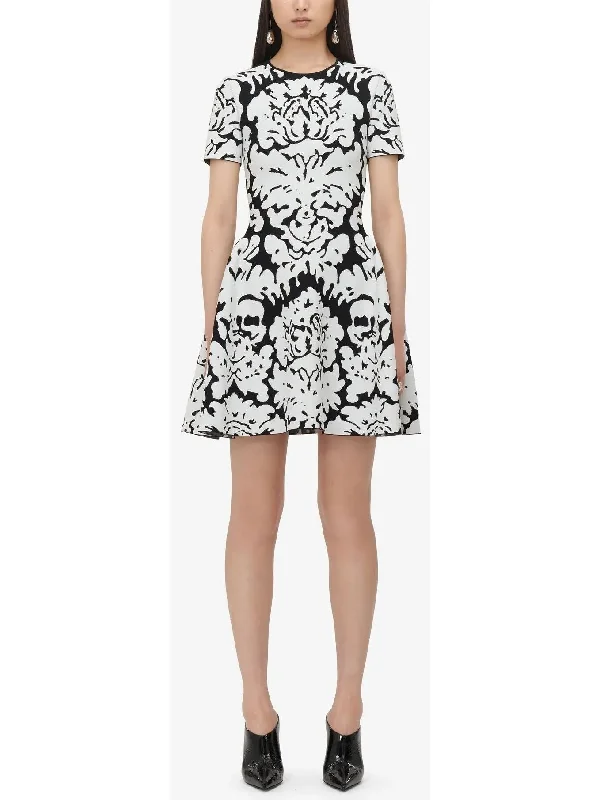 Damask Jacquard Mini Dress in Black and White Comfortable Smocked Mini Dress