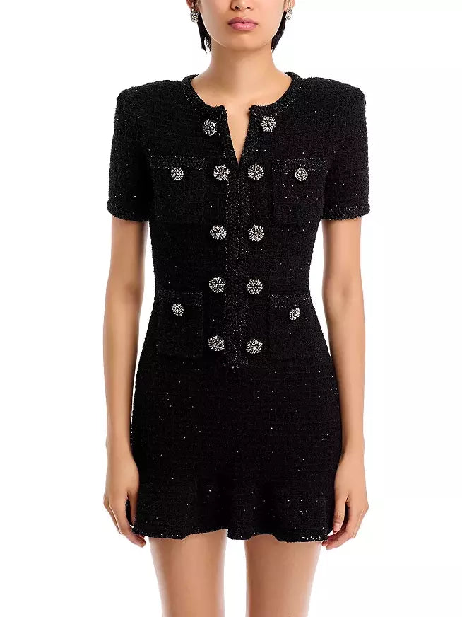 Decorative-Button-Embellished Black Tweed Mini Dress Stylish Puff Sleeve Mini Dress