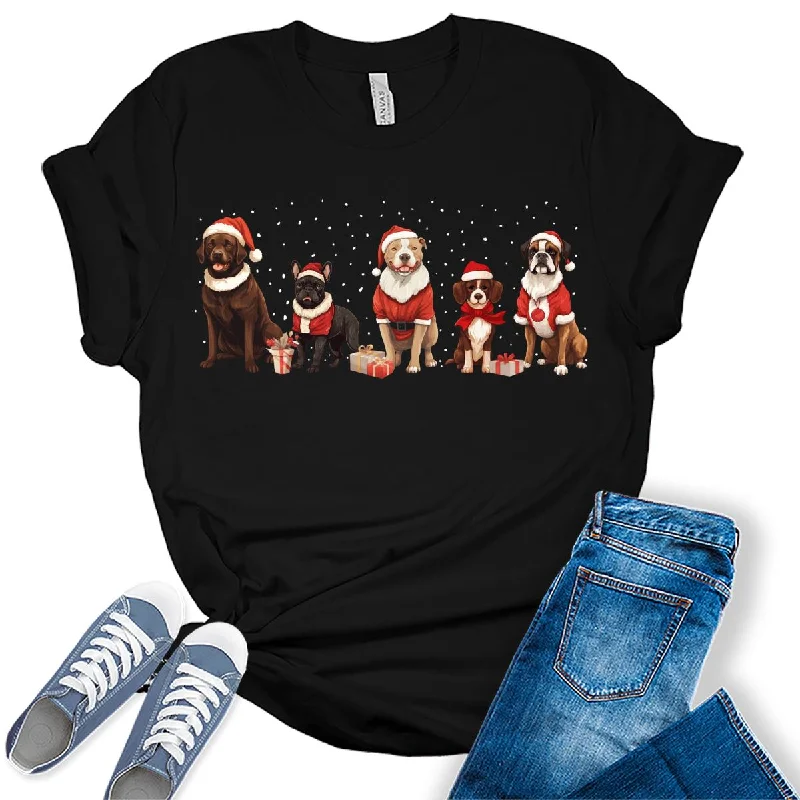 Dogs Wearing Christmas Hats Funny Winter Christmas Womens T-shirt Lace Blend Ribbed Blend Corduroy Blend