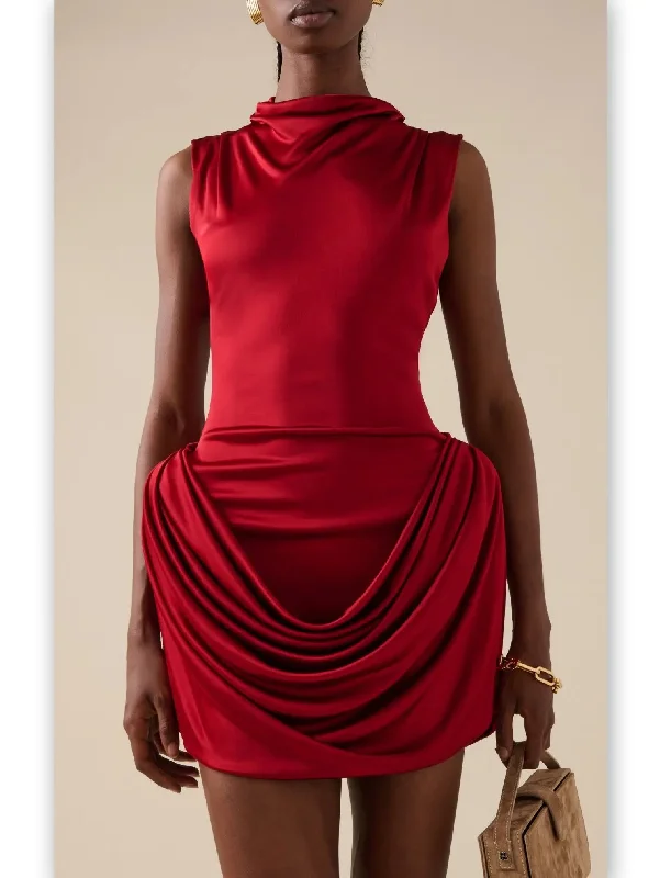 Draped Red Sleeveless Mock-Neck Mini Dress Casual V-Neck Mini Dress