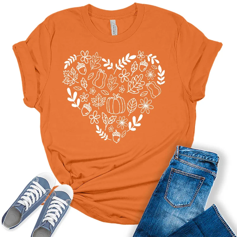 Fall Heart T-Shirt for Women Family Halloween Thanksgiving Tops Cute Autumn Pumpkin Graphic Tees Striped Floral Plaid