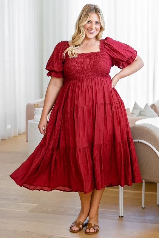 Farrah Shirred Midi Dress Rich Cranberry Red Cozy T-shirt Midi Dress