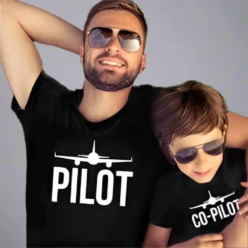 Father and Child "Pilot & Co-Pilot" Matching T-Shirt Set – Perfect for Daddy & Me Outfits Asymmetrical Pockets Print Father and Child "Pilot & Co-Pilot" Matching T-Shirt Set – Perfect for Daddy & Me Outfits Asymmetrical Pockets Print