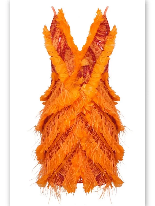 Feather-Trim Sequin-Embellished Mini Dress in Orange Stylish Summer Mini Dress