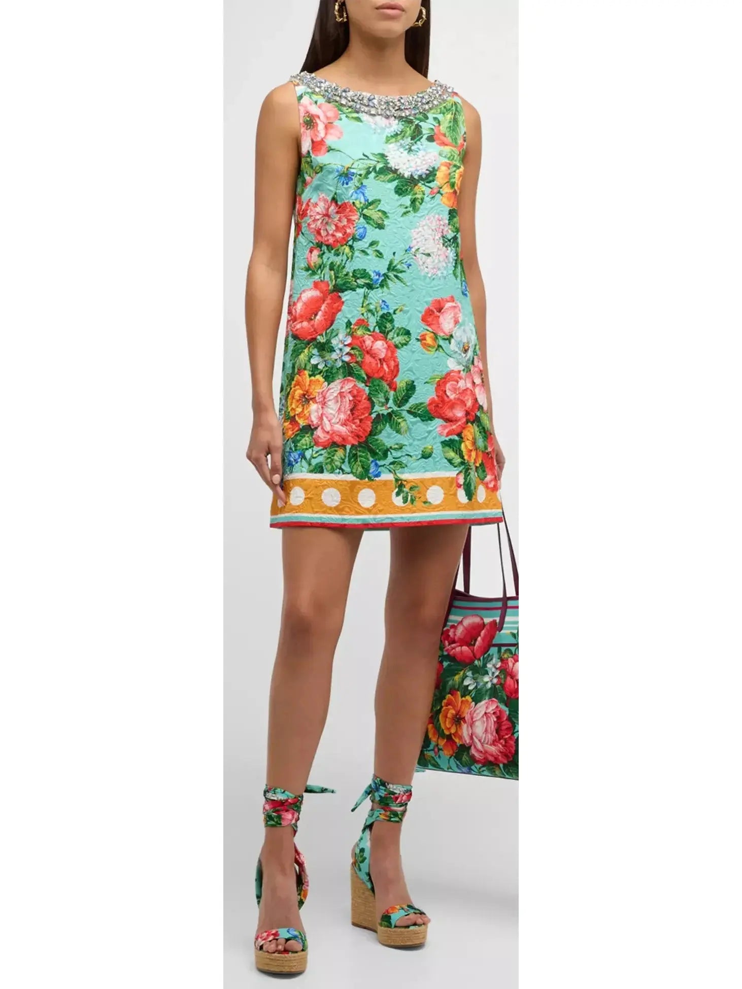 Floral Border-Print Crystal Sleeveless Jacquard Mini Dress Trendy Camisole Mini Dress