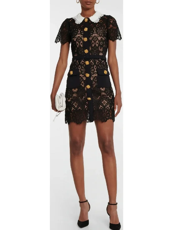 Floral Guipure Button-Up Mini Dress Classic Casual Mini Dress