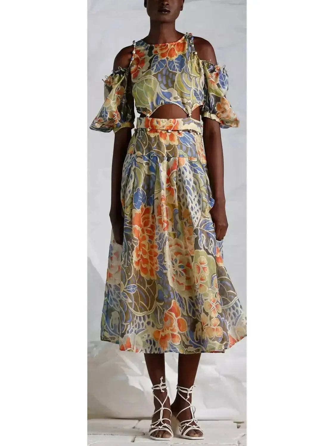 Floral Print Silk and Linen Detachable Midi Dress Elegant V-Neck Midi Dress