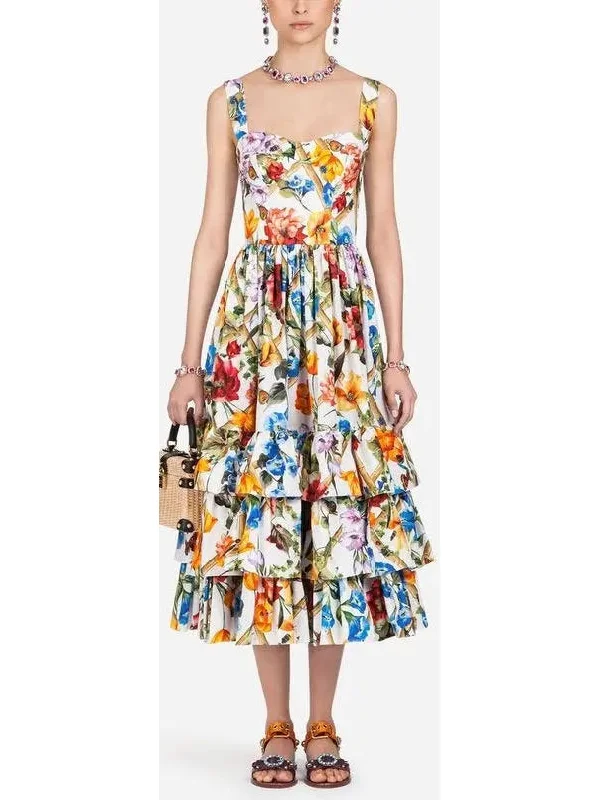 Floral-Print Tiered-Ruffle Midi Dress Comfortable Stretch Midi Dress